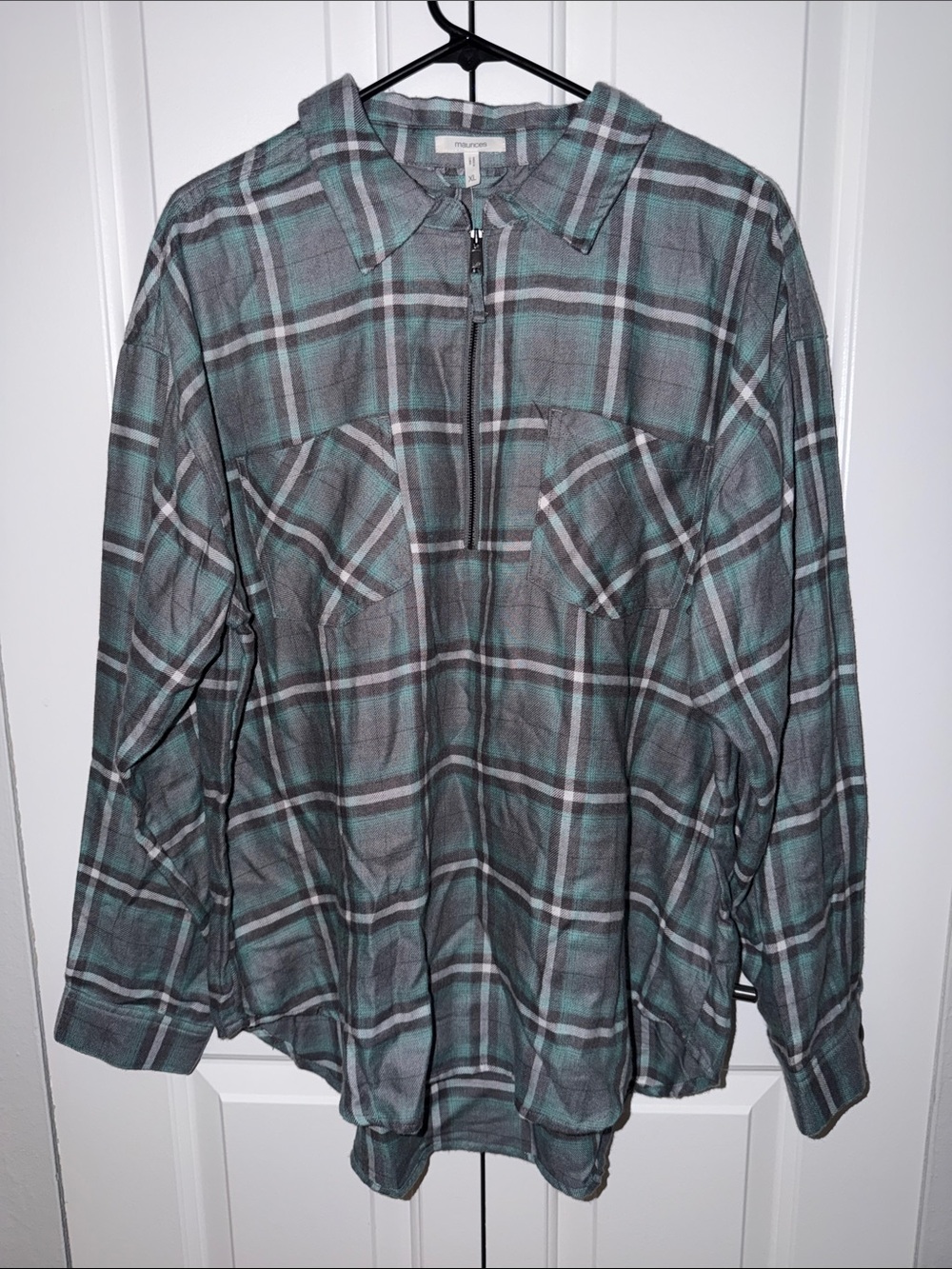 Maurices Gray & Teal Plaid Zip-Front Shirt